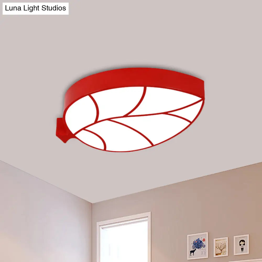 Led Childrens Flush Mount Fixture With Acrylic Leaf-Like Shade In Red/Pink/Yellow - Warm/White Light