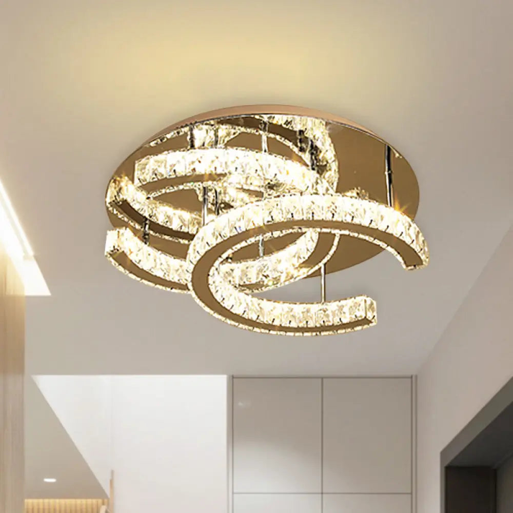 Led Chrome Ceiling Light With Double - C Shaped Beveled K9 Crystal And Flush Mount Design