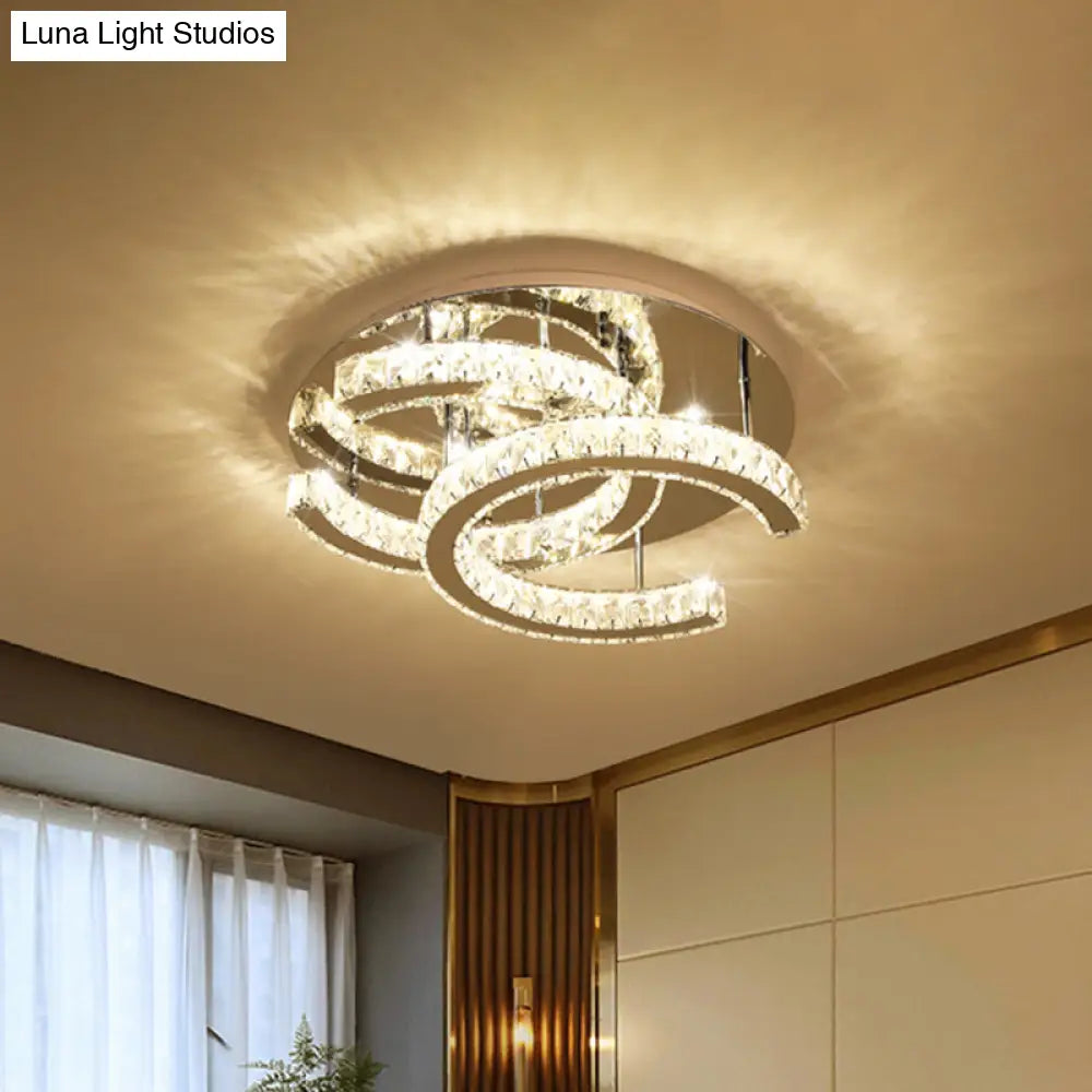 Led Chrome Ceiling Light With Double - C Shaped Beveled K9 Crystal And Flush Mount Design