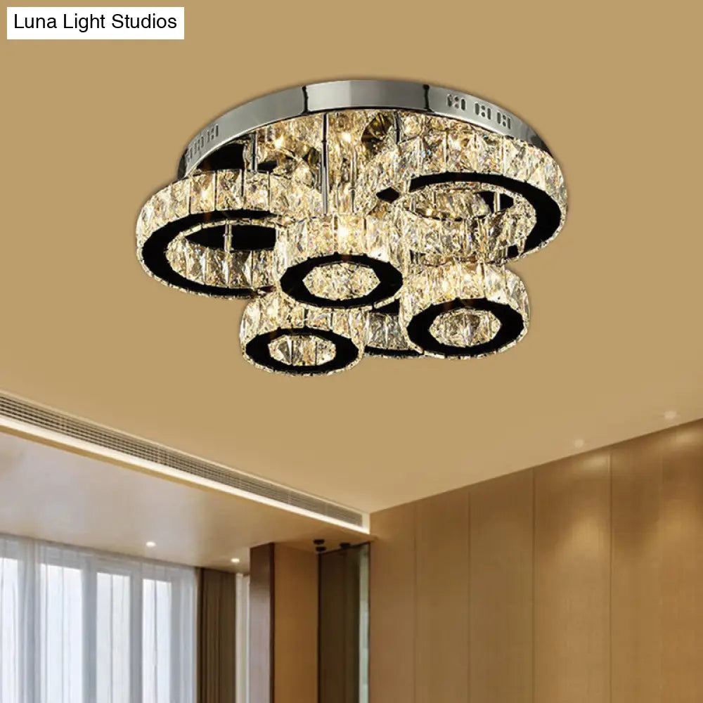 Led Chrome Circles Semi-Flush Mount Ceiling Light With Crystal Block Shade - Warm/White Lighting