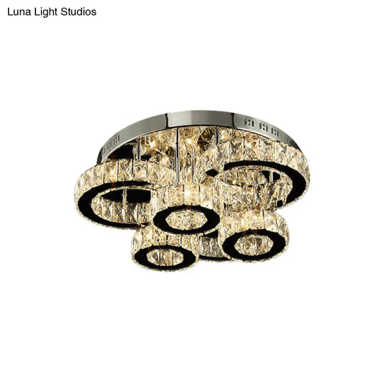 Led Chrome Circles Semi - Flush Mount Ceiling Light With Crystal Block Shade - Warm/White Lighting