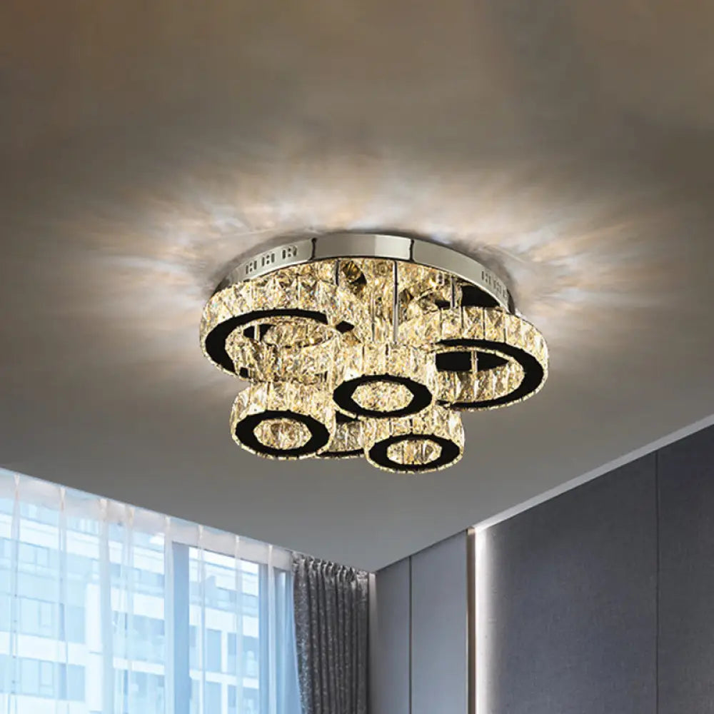 Led Chrome Circles Semi - Flush Mount Ceiling Light With Crystal Block Shade - Warm/White Lighting