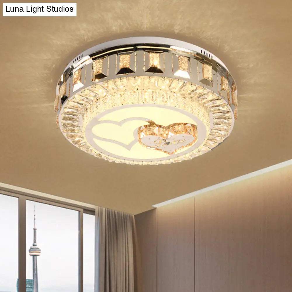 Led Chrome Flush Mount Ceiling Lighting With Stainless Steel Drum Shape And Crystal Accents