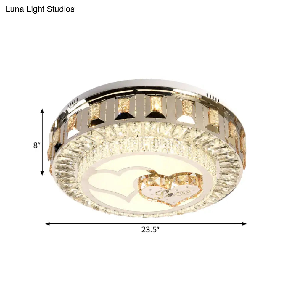 Led Chrome Flush Mount Ceiling Lighting With Stainless Steel Drum Shape And Crystal Accents