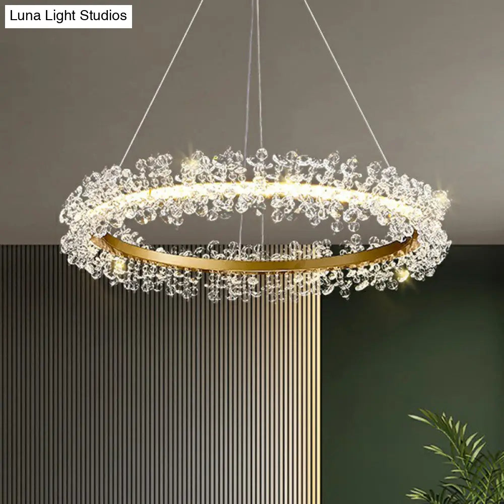 Led Circle Chandelier With Crystal Beads - Elegant Living Room Pendant Light