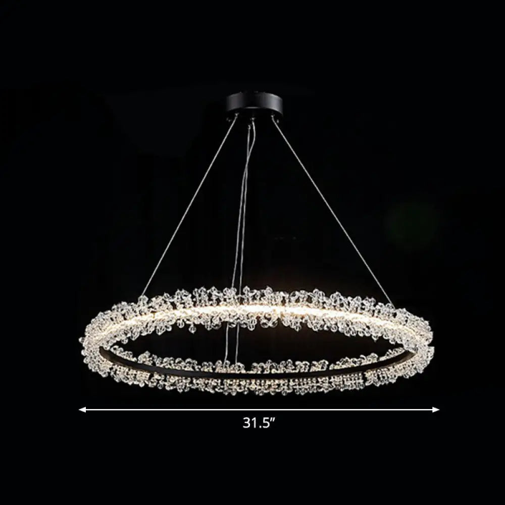 Led Circle Chandelier With Crystal Beads - Elegant Living Room Pendant Light Black / 31.5’