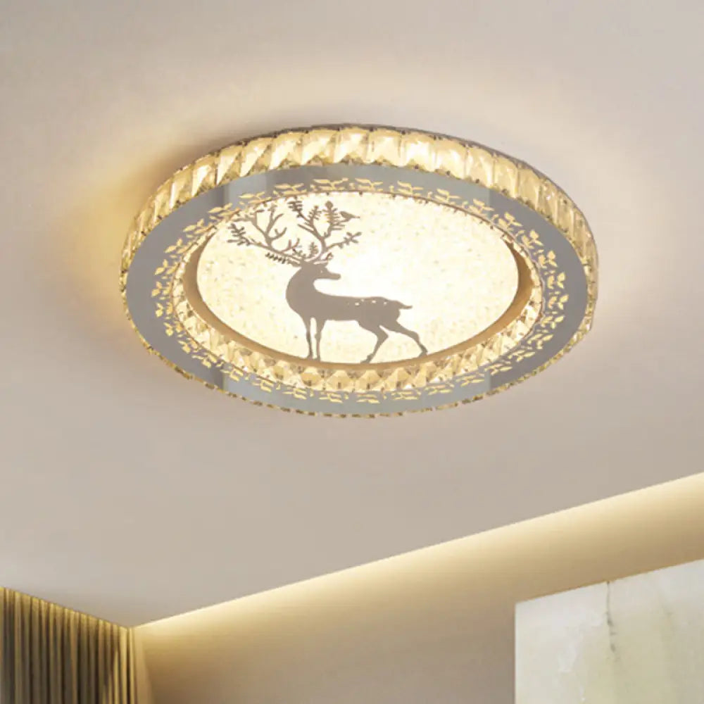 Led Crystal - Block Flush Light With Deer Pattern - Modern Stainless - Steel Circle Mount Fixture