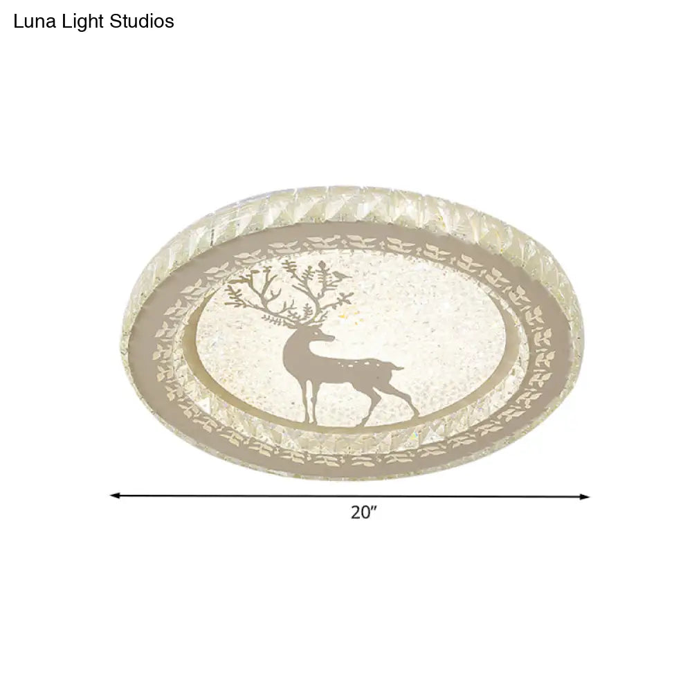 Led Crystal - Block Flush Light With Deer Pattern - Modern Stainless - Steel Circle Mount Fixture