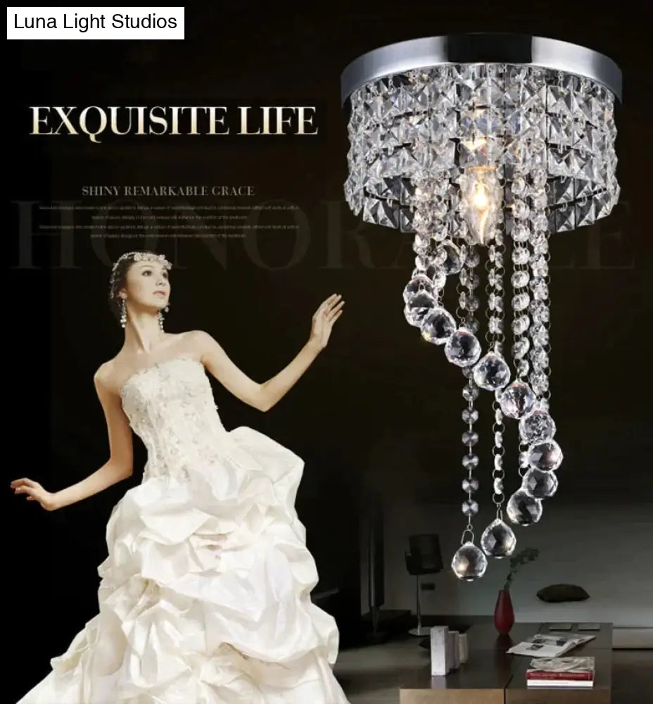 Led Crystal Ceiling Light Chrome Flush Mount Fixture With Raindrop Crystals Modern Ceiling Lighting