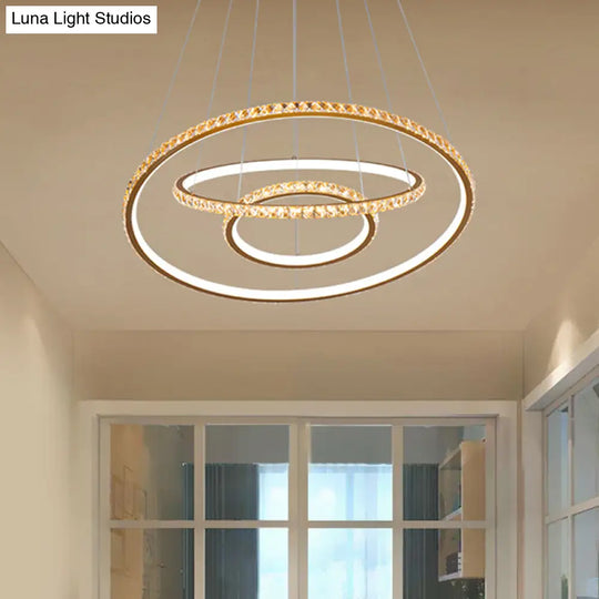 Led Crystal Chandelier Light Fixture Modern Gold/Silver Ceiling Pendant With 3 Rings Warm And White