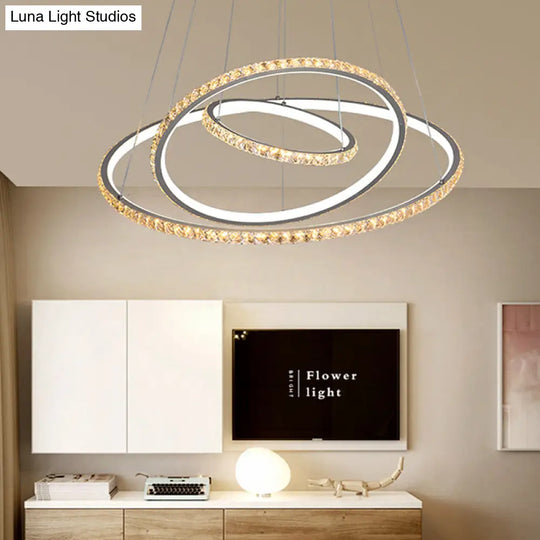 Led Crystal Chandelier Light Fixture Modern Gold/Silver Ceiling Pendant With 3 Rings Warm And White