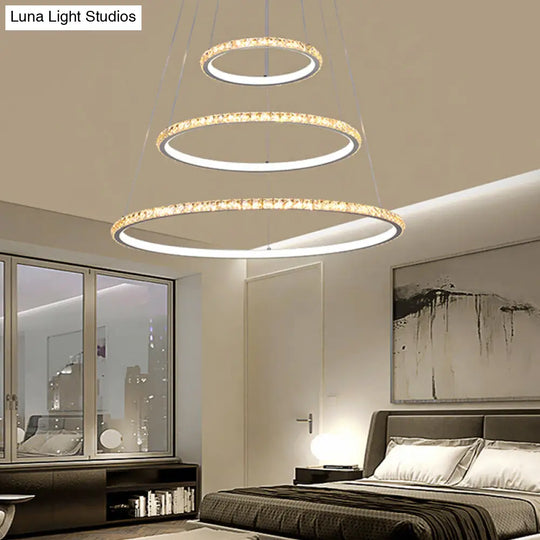 Modern Crystal Gold/Silver Led Chandelier Ceiling Light Fixture With 3 Rings - Warm/White Dual