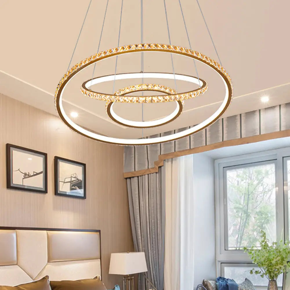 Led Crystal Chandelier Light Fixture Modern Gold/Silver Ceiling Pendant With 3 Rings Warm And White