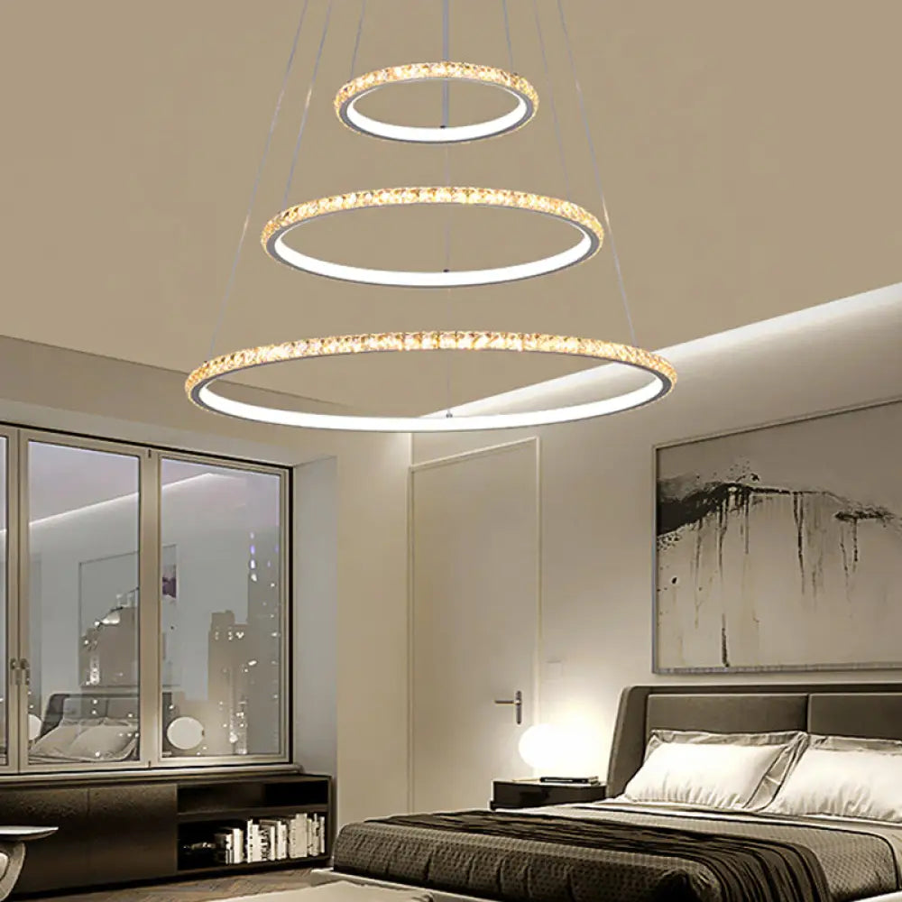 Led Crystal Chandelier Light Fixture Modern Gold/Silver Ceiling Pendant With 3 Rings Warm And White