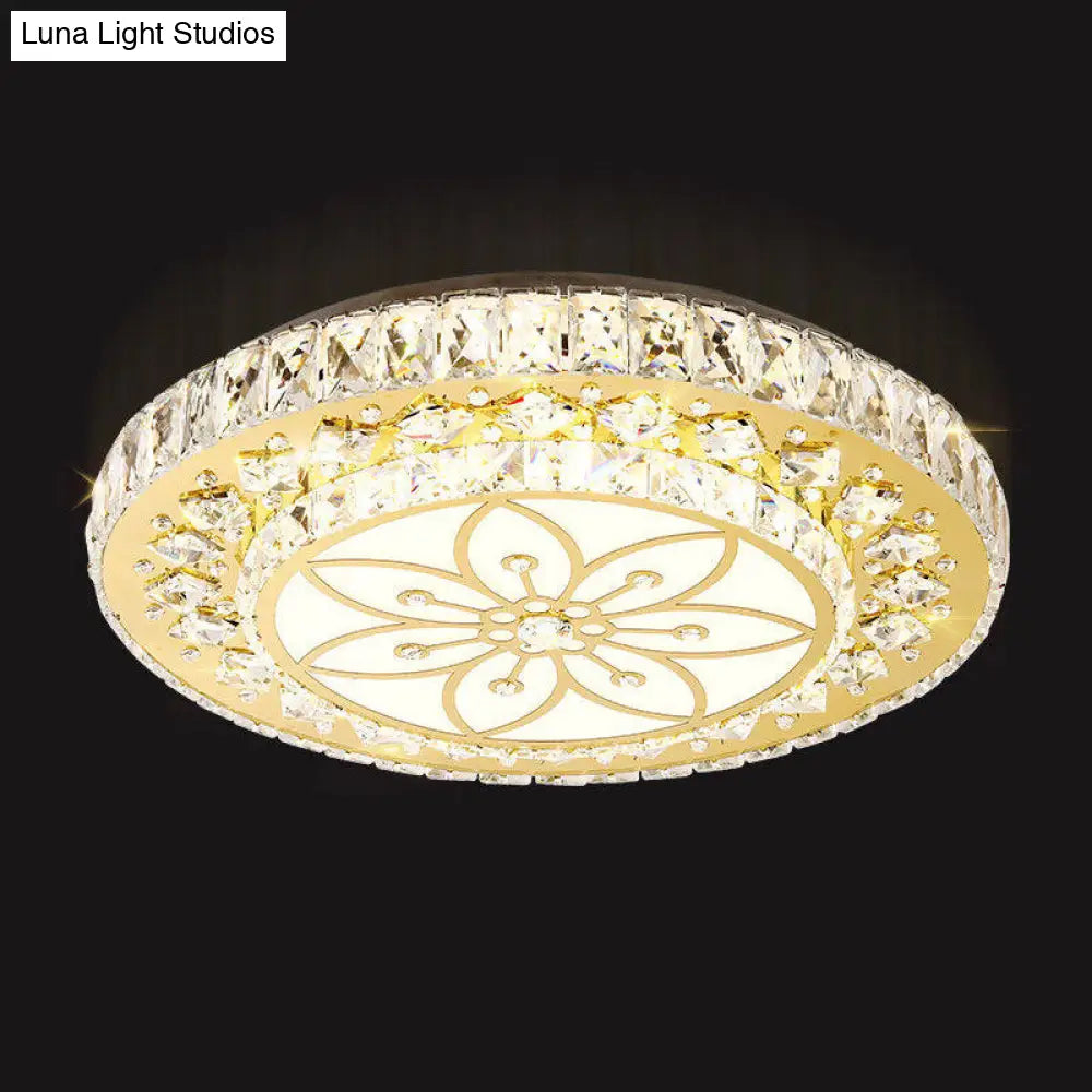 Led Crystal Flower Ceiling Light In Modern 2 - Layered Round Flush Mount Design - Nickel