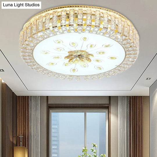 Led Crystal Flush Mount Fixture With Gold Finish For Modern Bedroom