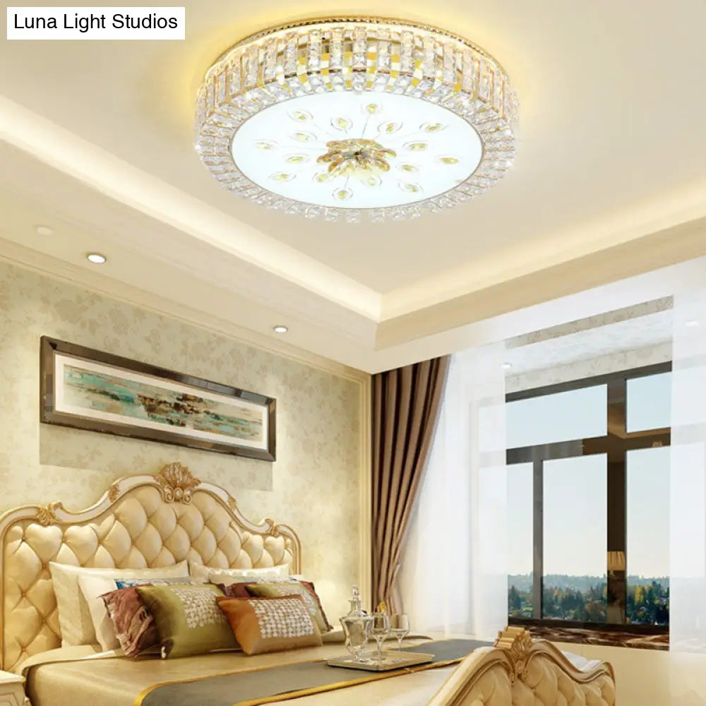 Led Crystal Flush Mount Fixture With Gold Finish For Modern Bedroom