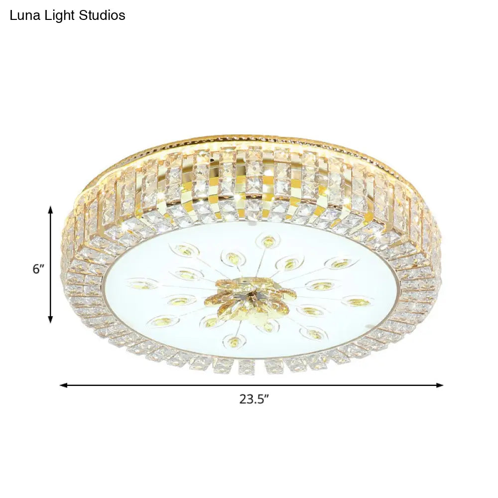 Led Crystal Flush Mount Fixture With Gold Finish For Modern Bedroom