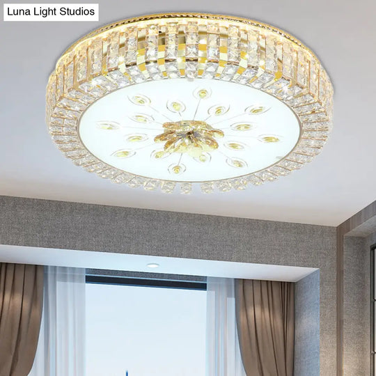 Led Crystal Flush Mount Fixture With Gold Finish For Modern Bedroom