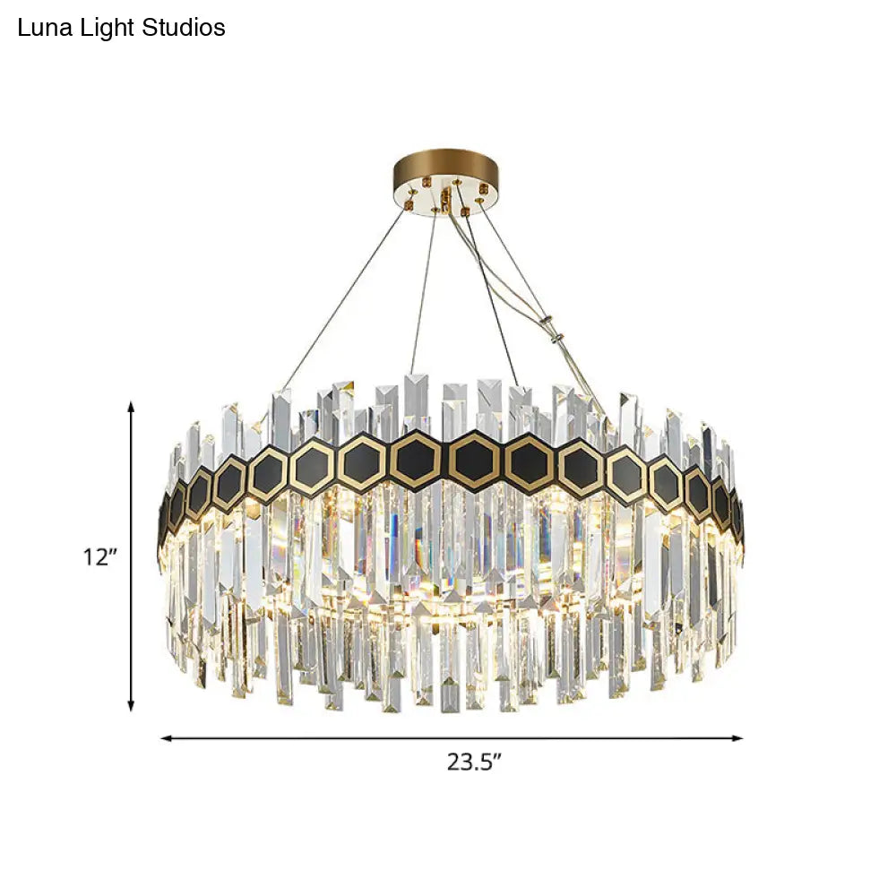 Led Crystal Icicle Chandelier With Mid Century Circle Design & Honeycomb Belt In Black-Gold