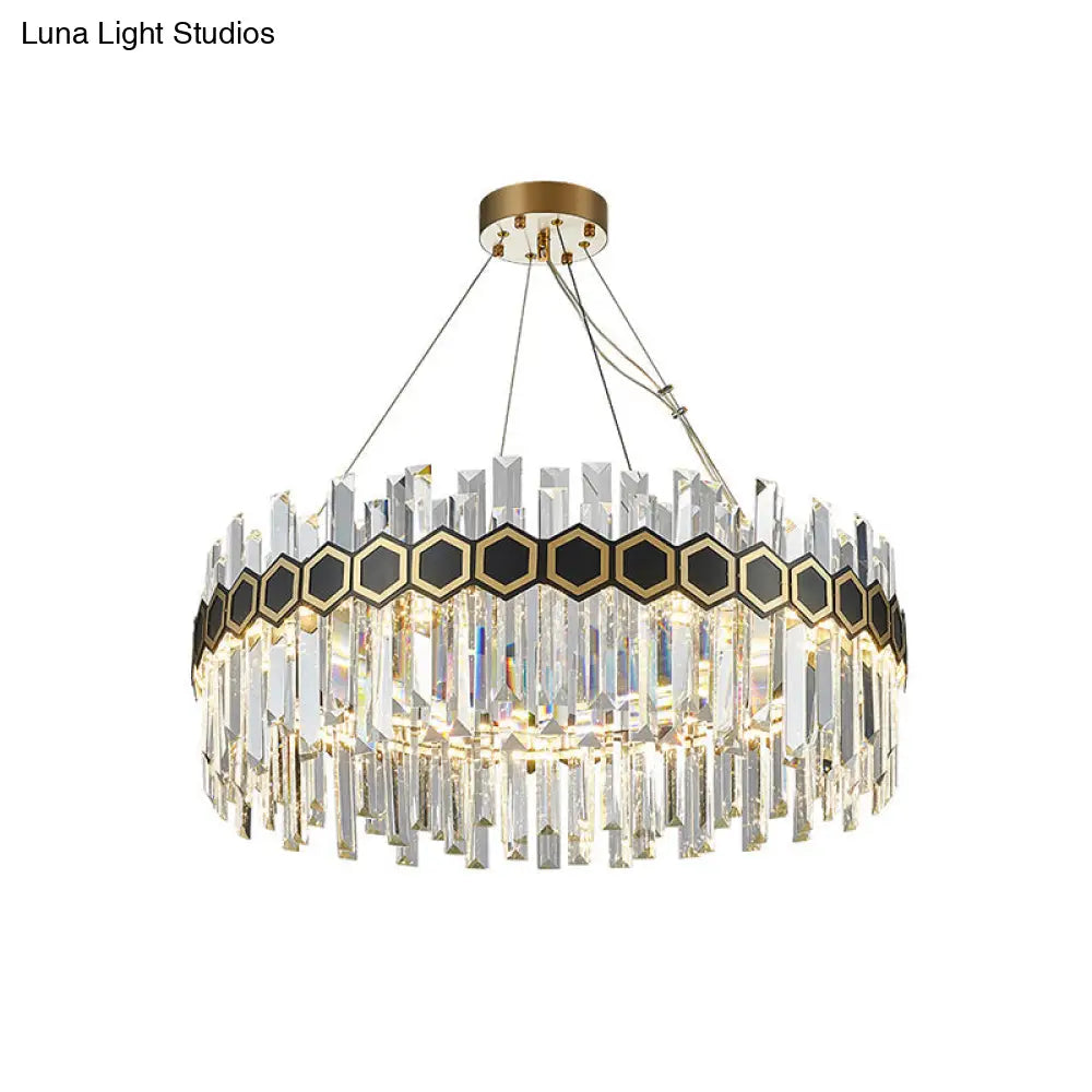 Led Crystal Icicle Chandelier With Mid Century Circle Design & Honeycomb Belt In Black-Gold