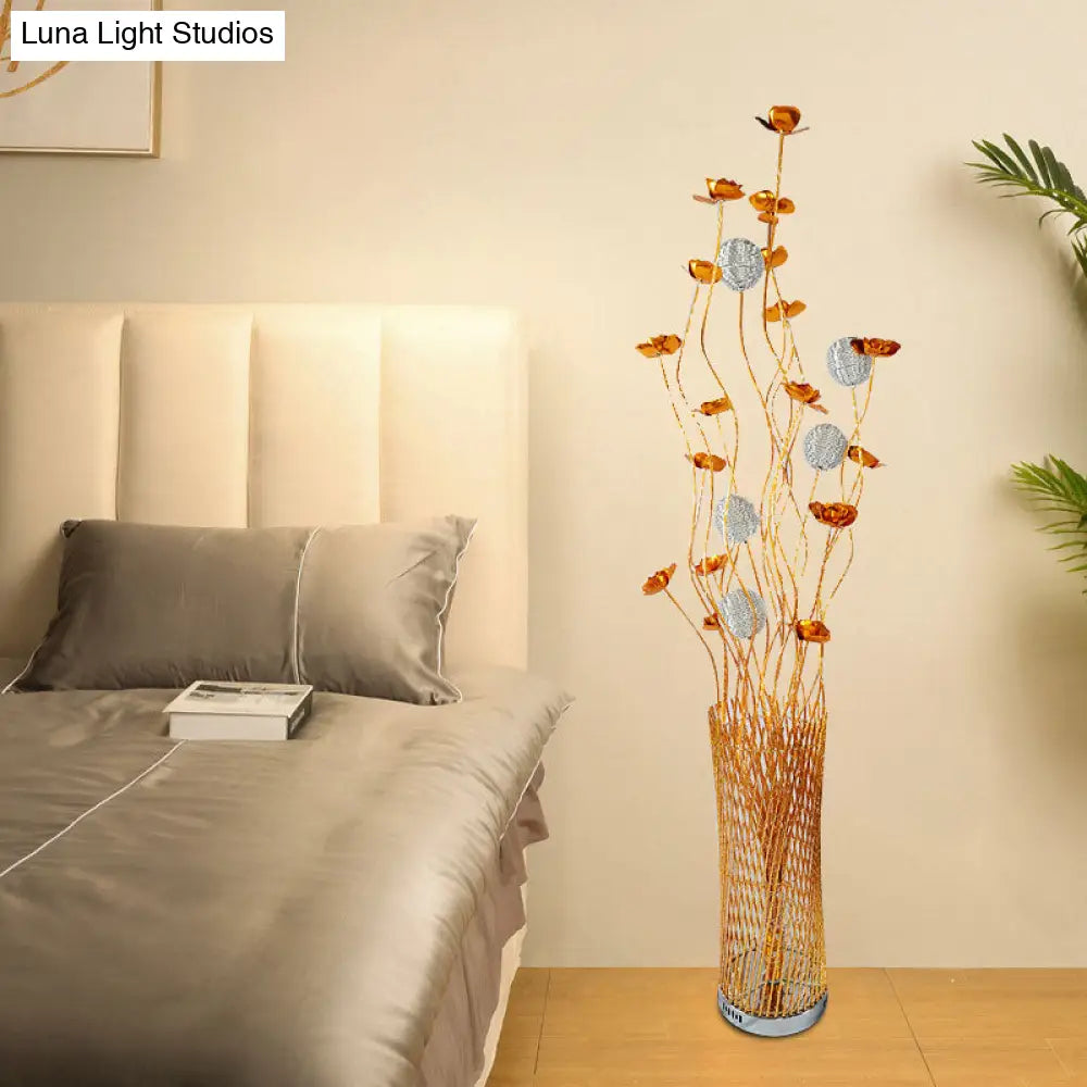 Led Decorative Aluminum Floor Reading Lamp - Twill Cylinder Style In Red/Gold With Bloom Design