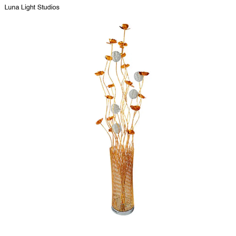 Led Decorative Aluminum Floor Reading Lamp - Twill Cylinder Style In Red/Gold With Bloom Design