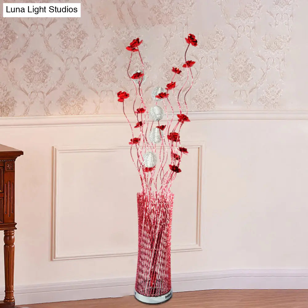 Led Decorative Aluminum Floor Reading Lamp - Twill Cylinder Style In Red/Gold With Bloom Design