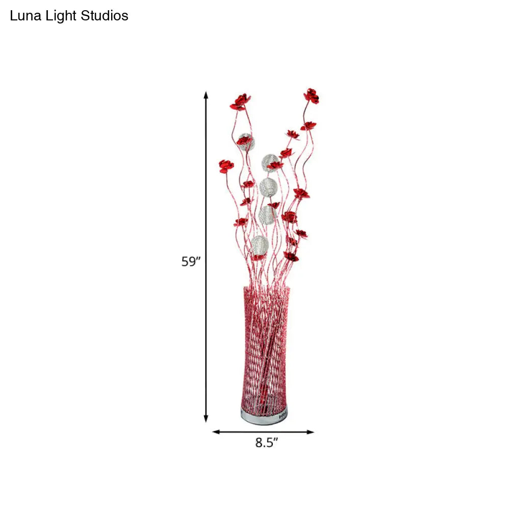 Led Decorative Aluminum Floor Reading Lamp - Twill Cylinder Style In Red/Gold With Bloom Design