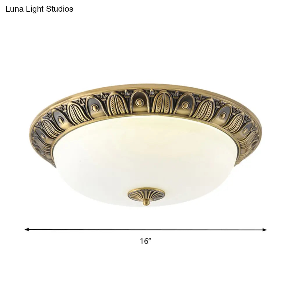 Led Dome Ceiling Lamp Fixture - Wide Antiqued Brass Finish With Opal Glass Flushmount Lighting