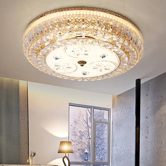 Led Drum Flush Light: Modern Crystal Ceiling Fixture With Gold Flower/Butterfly Pattern / Flower