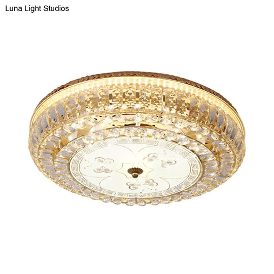 Led Drum Flush Light: Modern Crystal Ceiling Fixture With Gold Flower/Butterfly Pattern