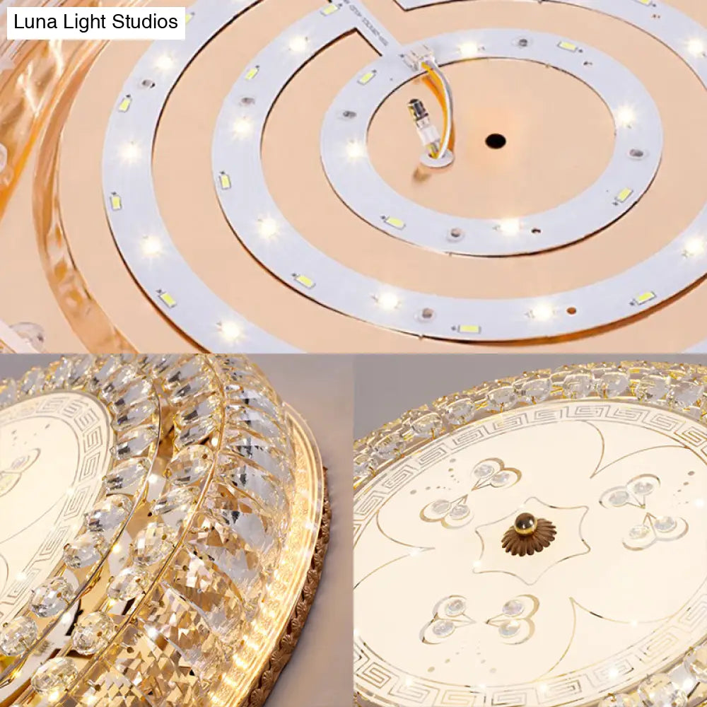 Led Drum Flush Light: Modern Crystal Ceiling Fixture With Gold Flower/Butterfly Pattern