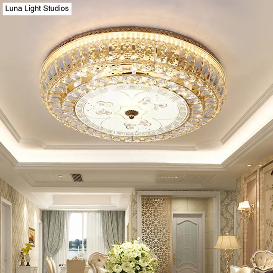 Led Drum Flush Light: Modern Crystal Ceiling Fixture With Gold Flower/Butterfly Pattern