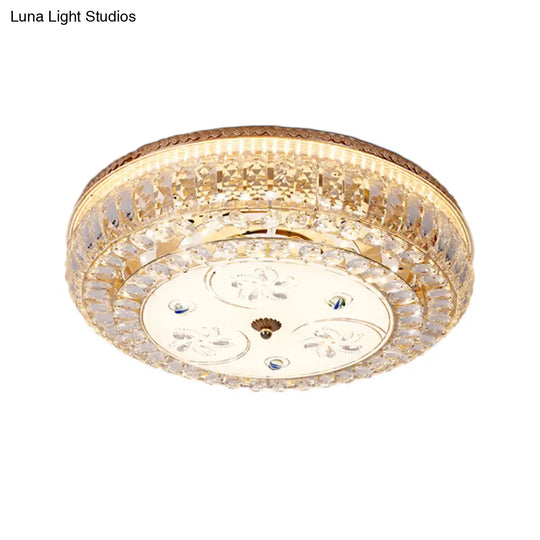 Led Drum Flush Light: Modern Crystal Ceiling Fixture With Gold Flower/Butterfly Pattern