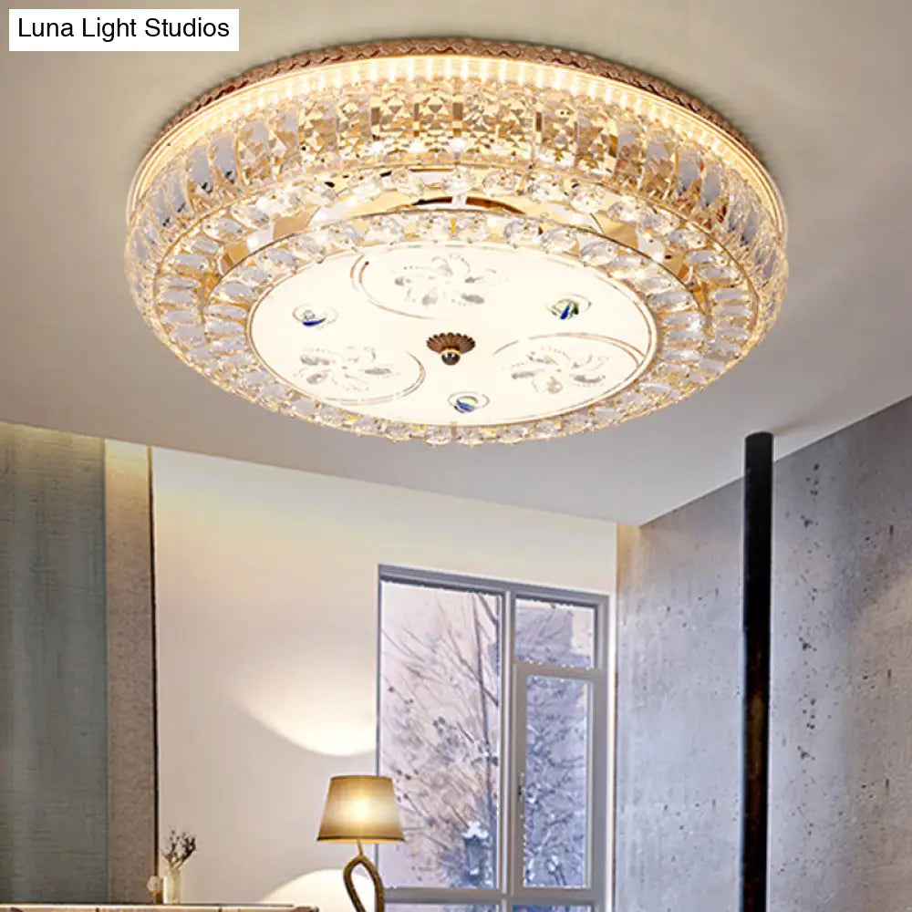 Led Drum Flush Light: Modern Crystal Ceiling Fixture With Gold Flower/Butterfly Pattern / Flower