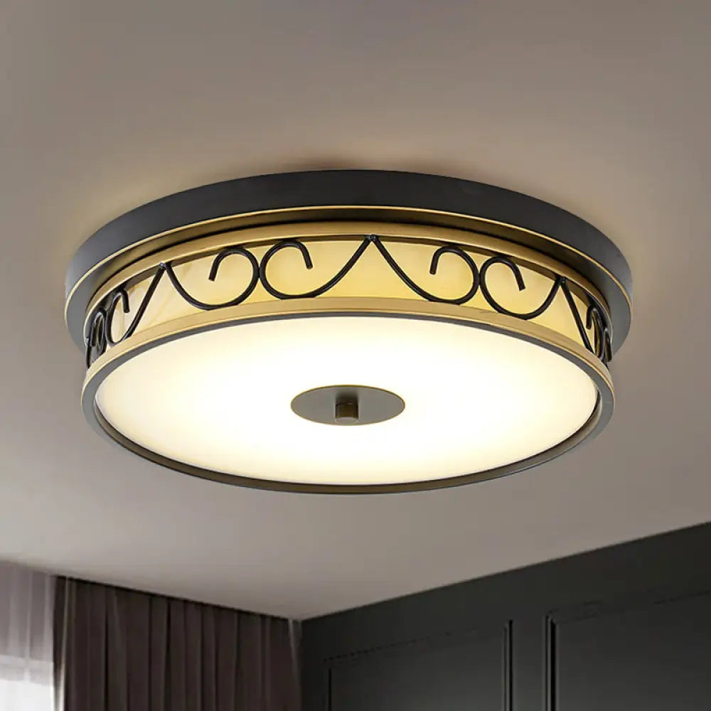 Led Drum Flush Mount Lamp - Traditional Black Frosted Glass Ceiling Light