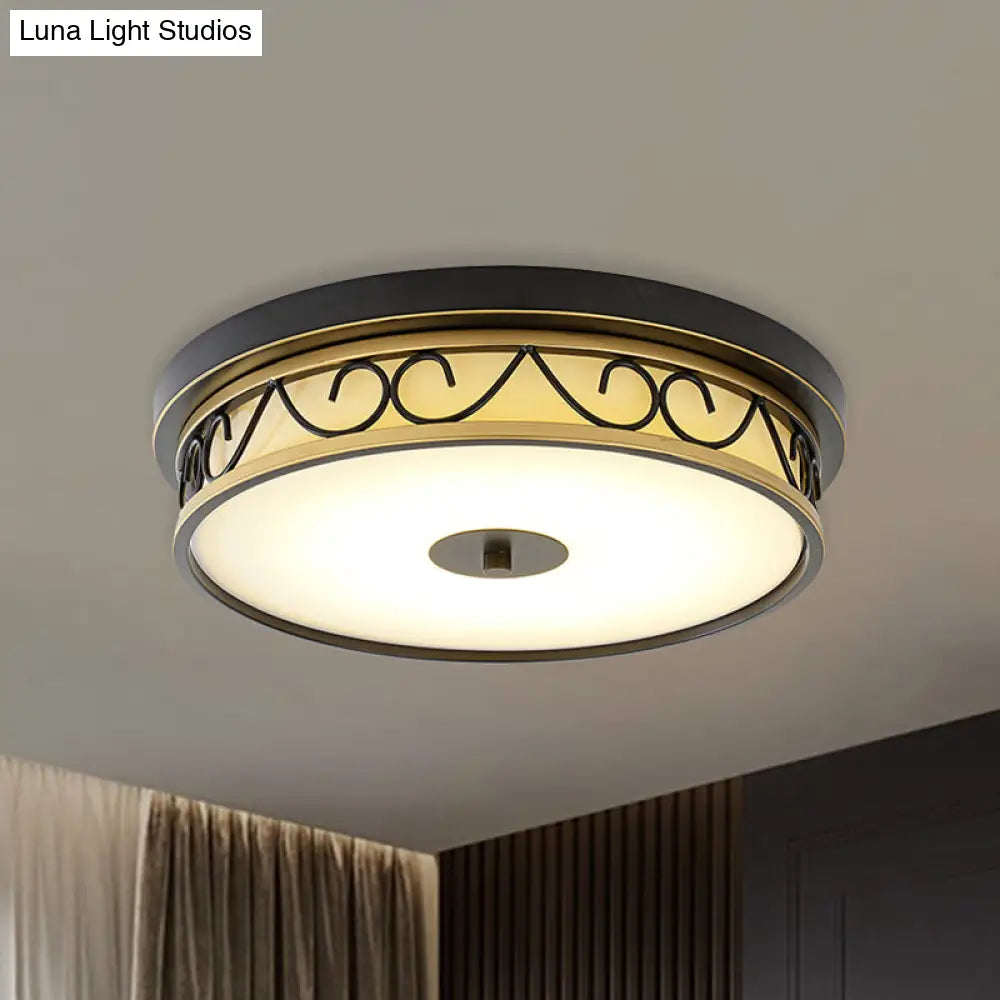 Led Drum Flush Mount Lamp - Traditional Black Frosted Glass Ceiling Light