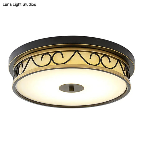 Led Drum Flush Mount Lamp - Traditional Black Frosted Glass Ceiling Light
