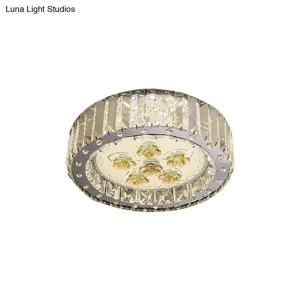 Led Drum Shade Crystal Ceiling Lamp With Flush Mount Spotlight In Nickel Finish