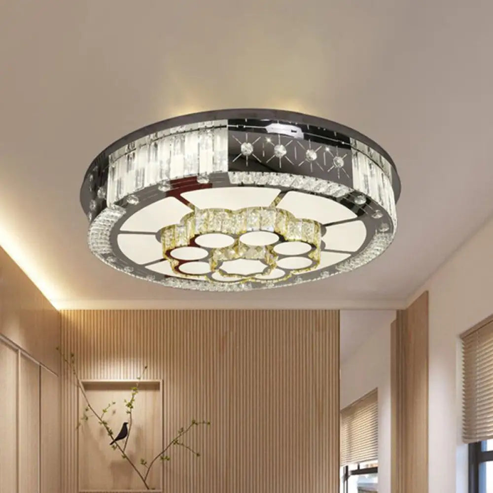 Led Drum Shade Flush Mount Lamp With Chrome Crystal Blocks - Modern Style Ceiling Fixture For