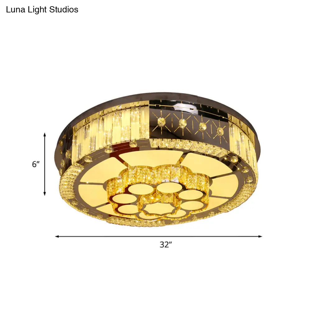 Led Drum Shade Flush Mount Lamp With Chrome Crystal Blocks - Modern Style Ceiling Fixture For