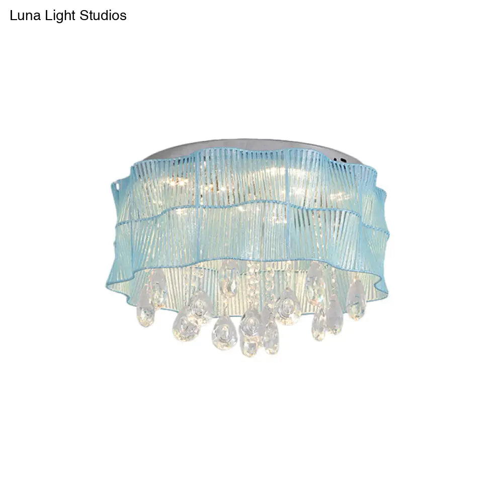 Led Flower Flushmount Ceiling Light With Crystal Strands In Pink/Blue For Minimalist Bedrooms