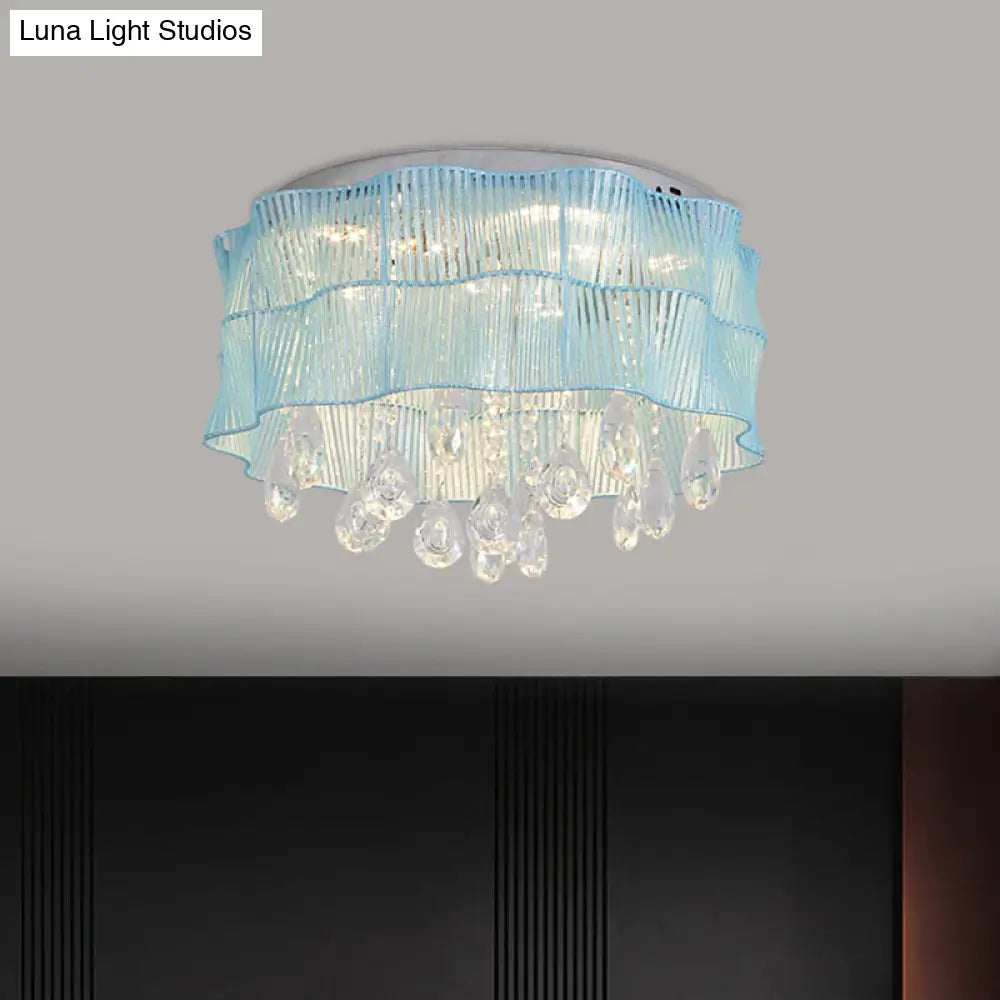 Led Flower Flushmount Ceiling Light With Crystal Strands In Pink/Blue For Minimalist Bedrooms