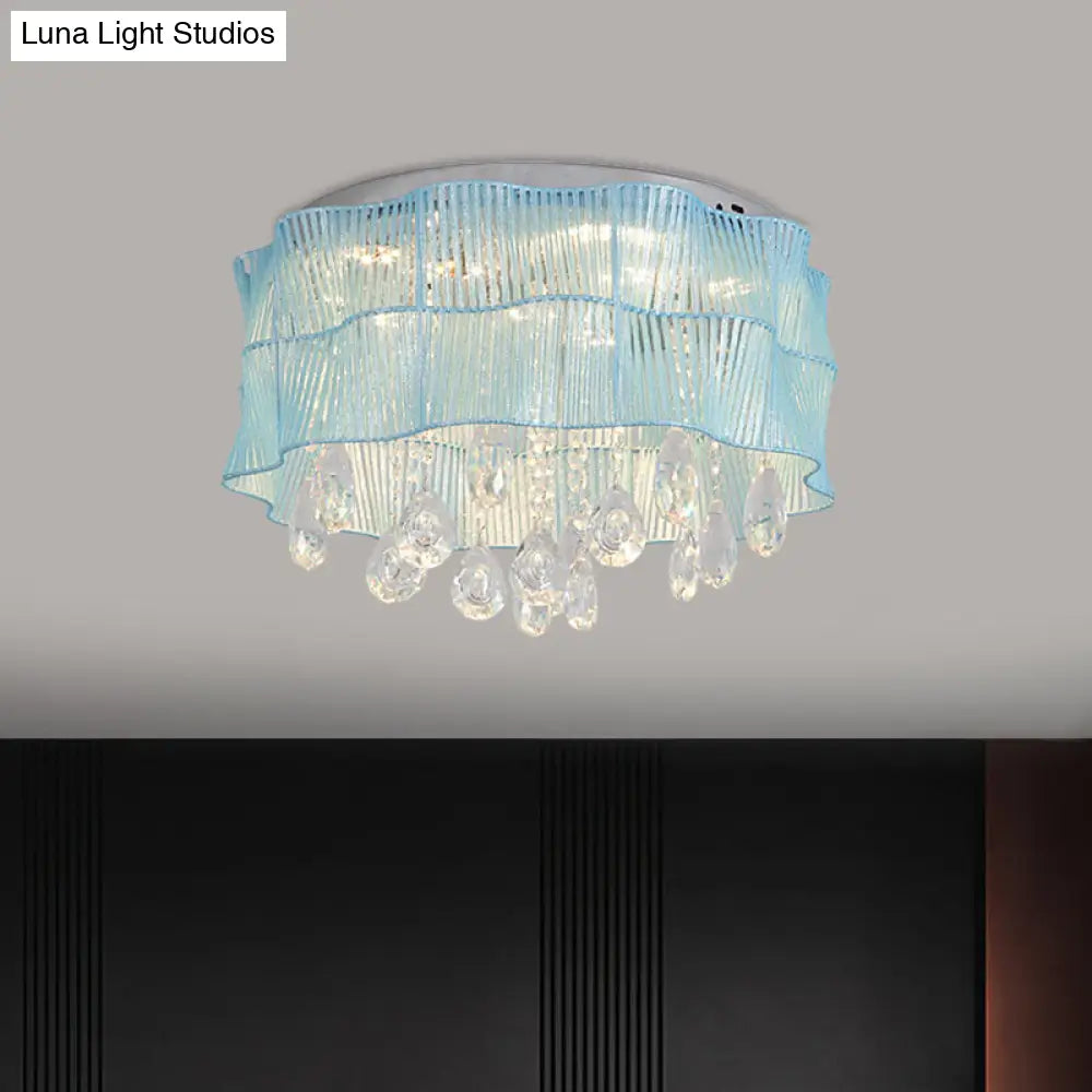 Led Flower Flushmount Ceiling Light With Crystal Strands In Pink/Blue For Minimalist Bedrooms