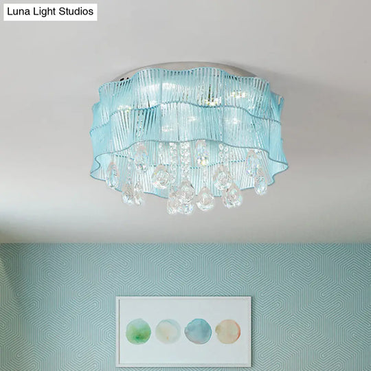 Led Flower Flushmount Ceiling Light With Crystal Strands In Pink/Blue For Minimalist Bedrooms Blue