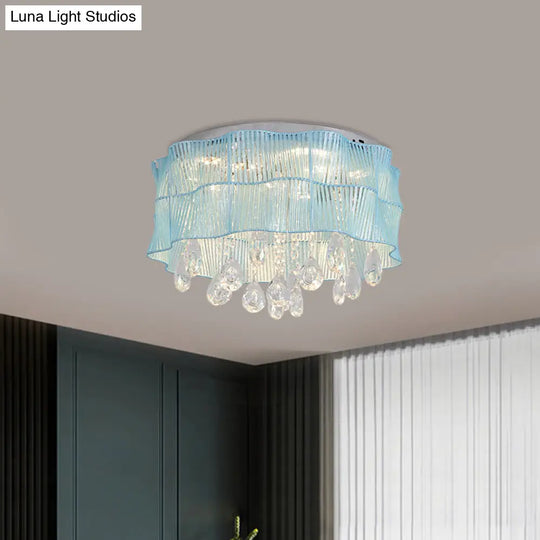 Led Flower Flushmount Ceiling Light With Crystal Strands In Pink/Blue For Minimalist Bedrooms