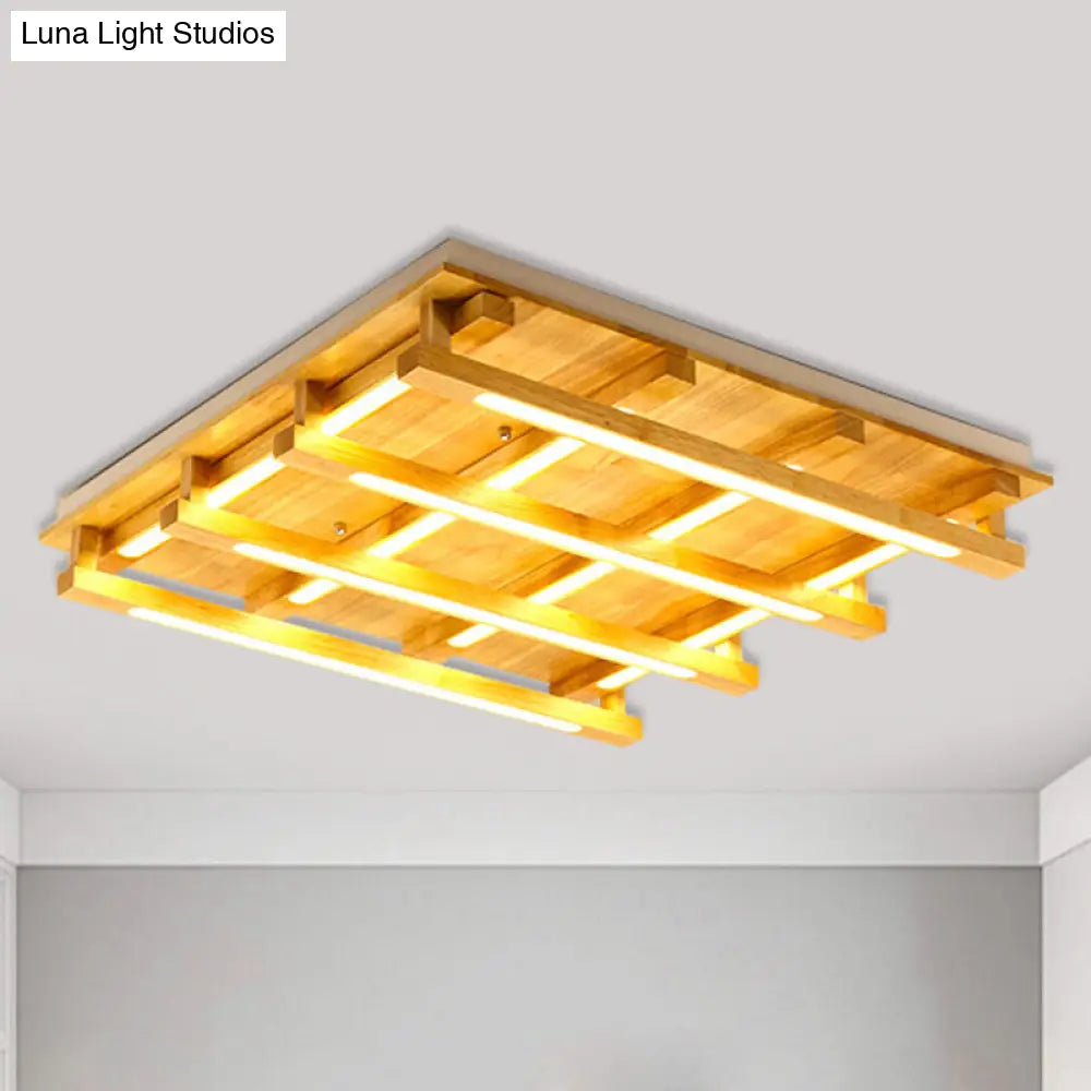 Led Flush Ceiling Light With Square Wood Shade - Modernist Brown Finish For Living Room (1/4/9