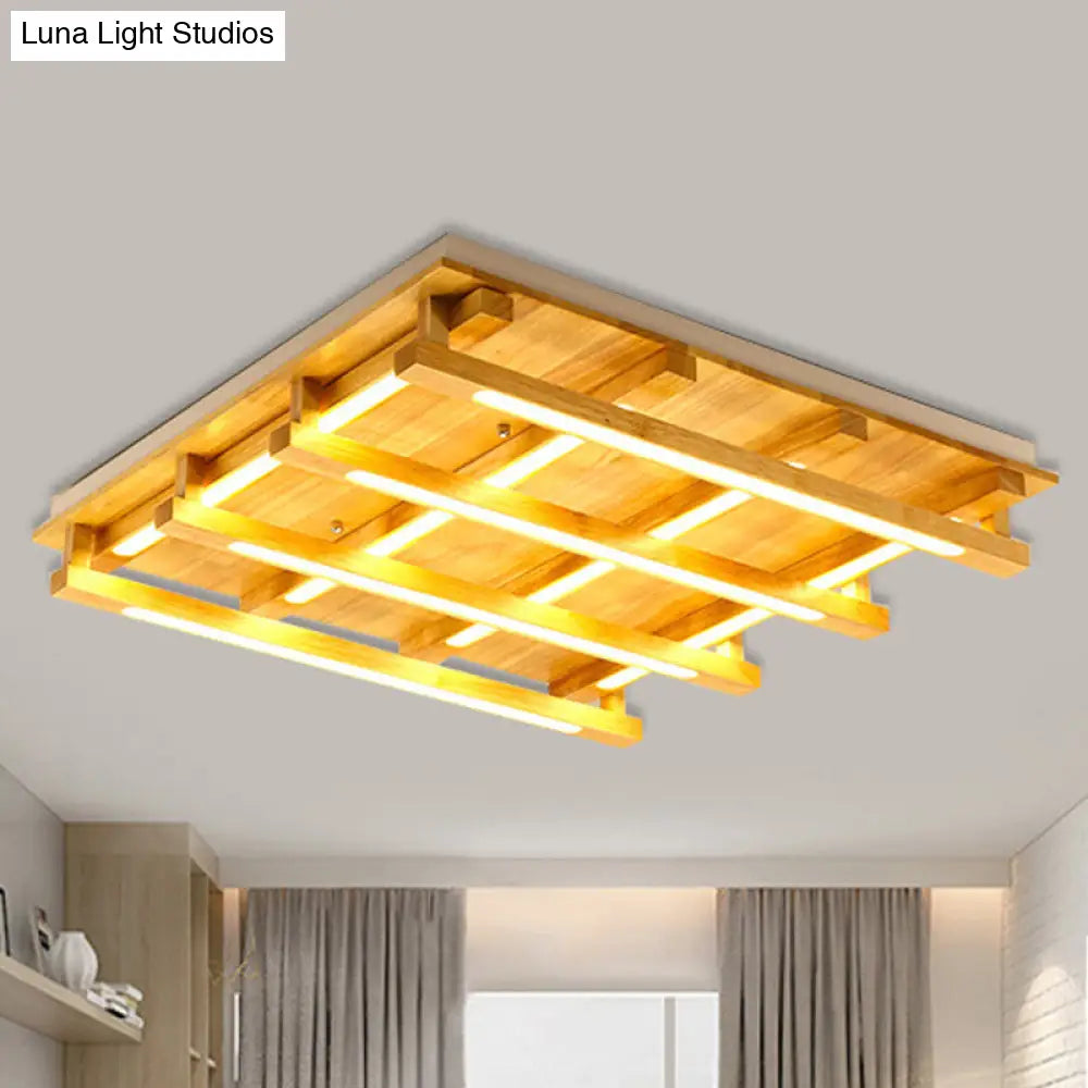 Led Flush Ceiling Light With Square Wood Shade - Modernist Brown Finish For Living Room (1/4/9