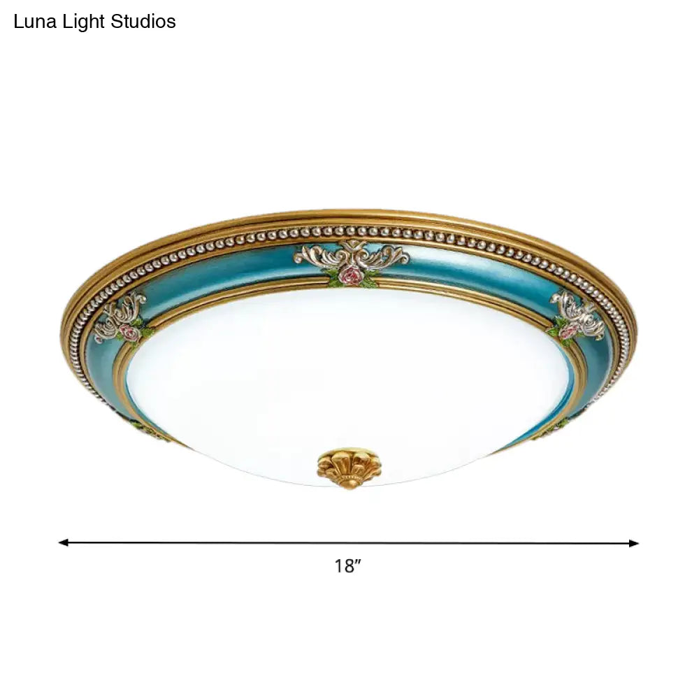 Led Flush Ceiling Lighting - Blue Glass Dome Shade Farmhouse Style Bedroom Mount 15’/18’/20.5’ Width